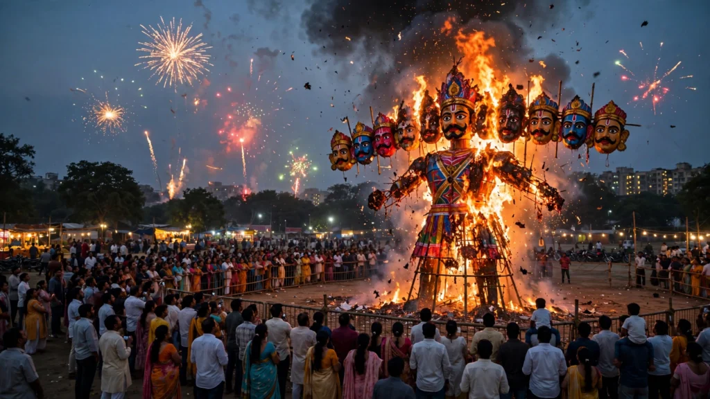 దసరా వేడుకల్లో మండుతున్న రావణుడి భారీ దిష్టిబొమ్మ