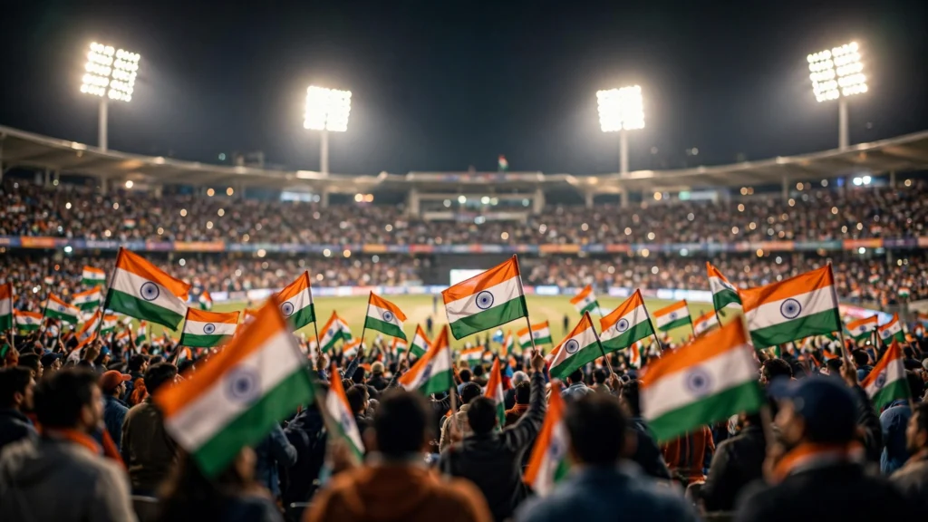 ఫ్లడ్‌లైట్ల వెలుగులో భారత అభిమానులతో కిక్కిరిసిన క్రికెట్ స్టేడియం